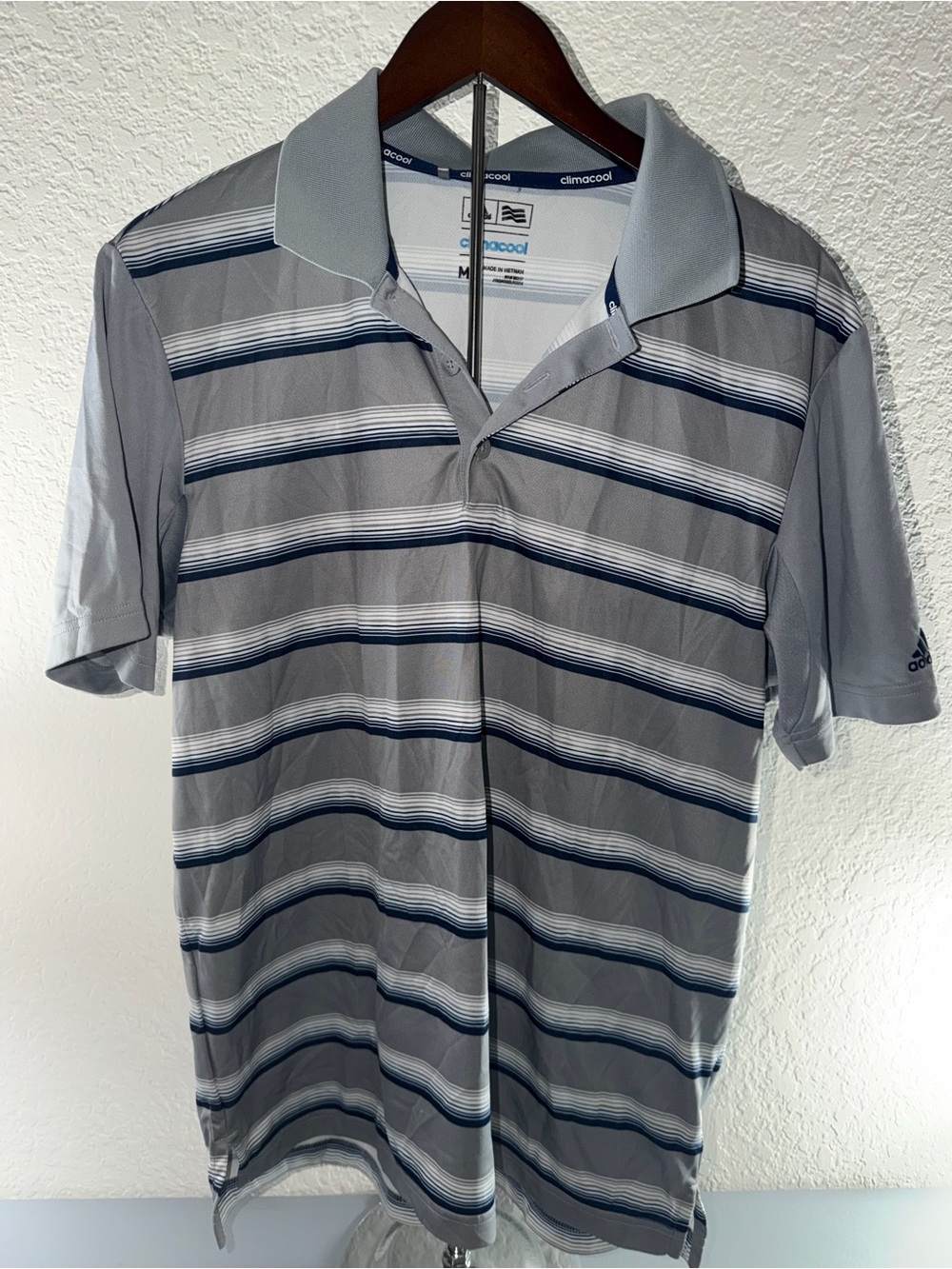 adidas Light Gray Polo with Navy and White Stripes